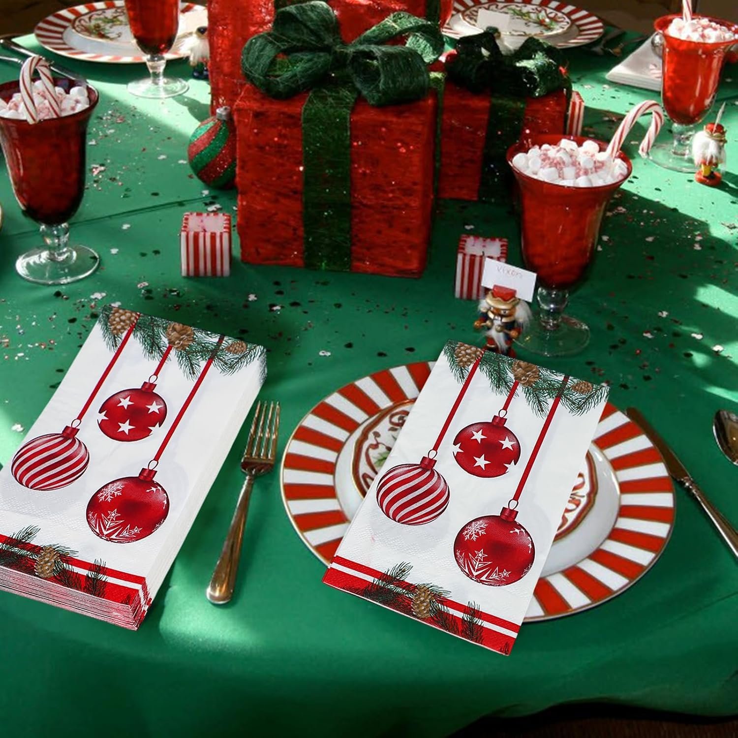 100 PCS Christmas Disposable Paper,3 Ply Decorative Guest Napkins,Xmas Balls for Party Lunch Dinner Kitchen Bathroom Table Decor - Image 6