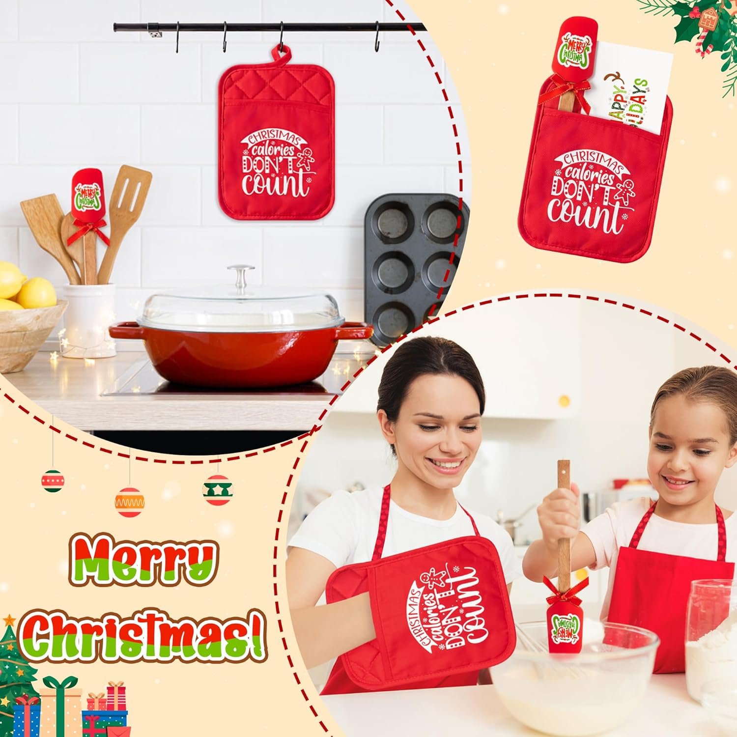 R HORSE 3Pcs Christmas Pot Holder Baking Gift Kit with Silicone Spatula Greeting Card Xmas Funny Heat Resistant Oven Mitt Red Cookie Hot Pad for Xmas Kitchen Gift for Family Friend Colleague Employee - Image 6