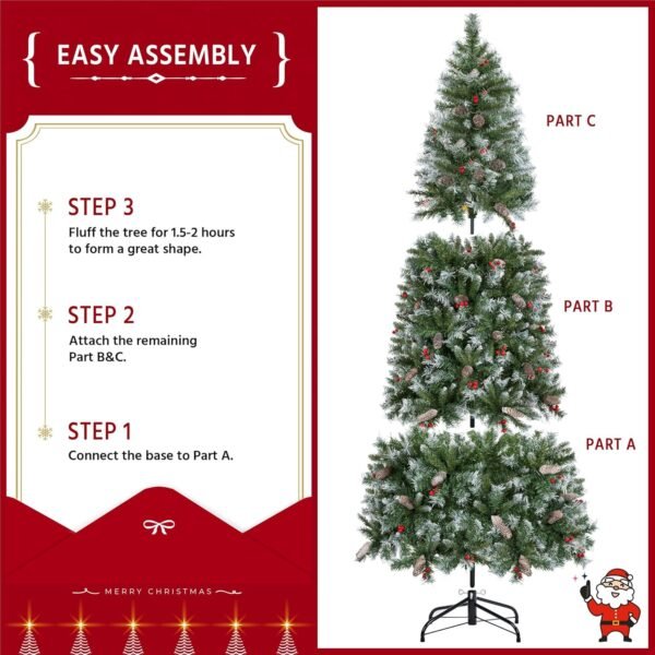 Yaheetech 7.5ft Pre-lit Frosted Artificial Hinged Christmas Tree with 1398 Flocked PVC Tips,88 Pine Cones,88 Holly Berries & 500 Warm White Lights,Foldable Stand,Green - Image 9