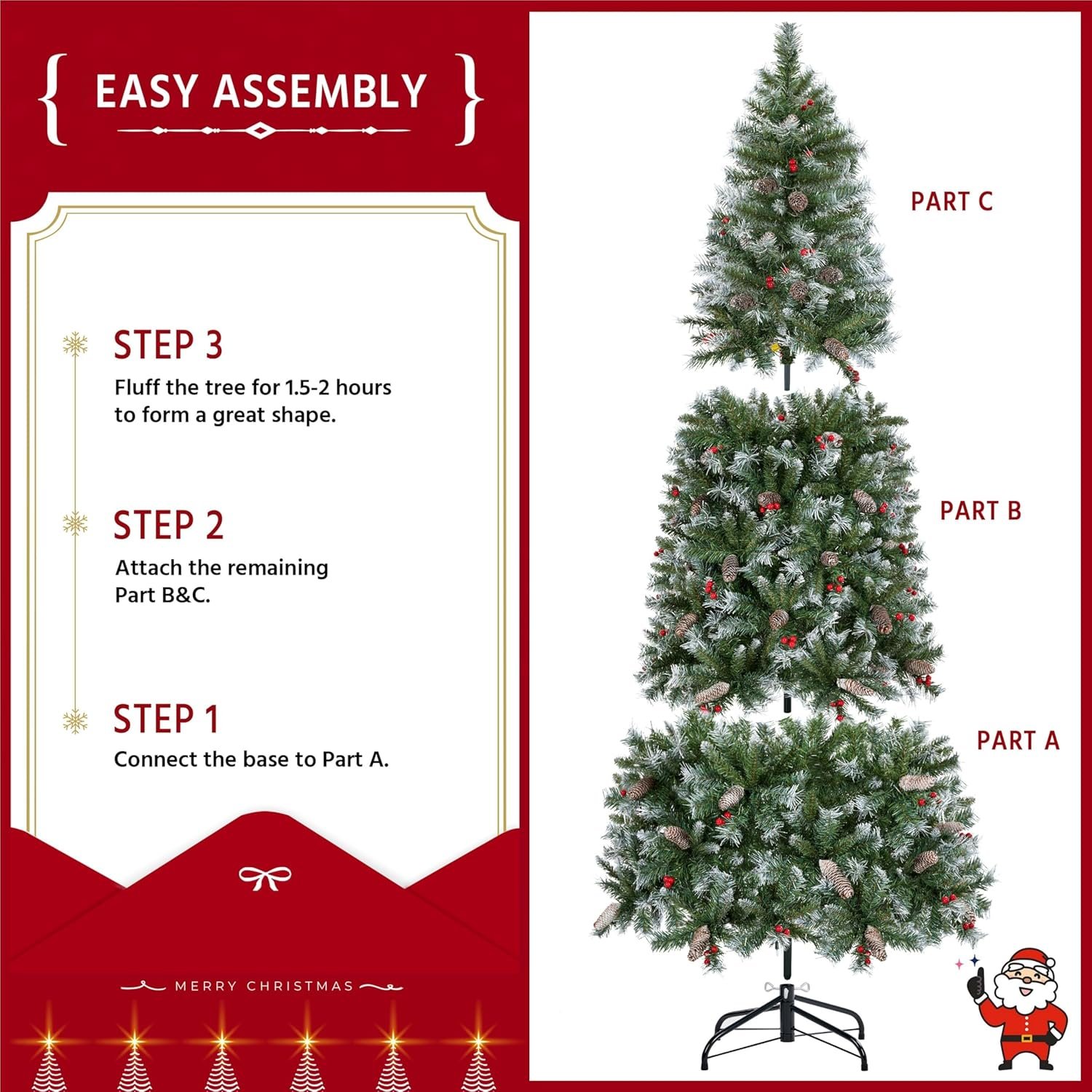 Yaheetech 7.5ft Pre-lit Frosted Artificial Hinged Christmas Tree with 1398 Flocked PVC Tips,88 Pine Cones,88 Holly Berries & 500 Warm White Lights,Foldable Stand,Green - Image 9