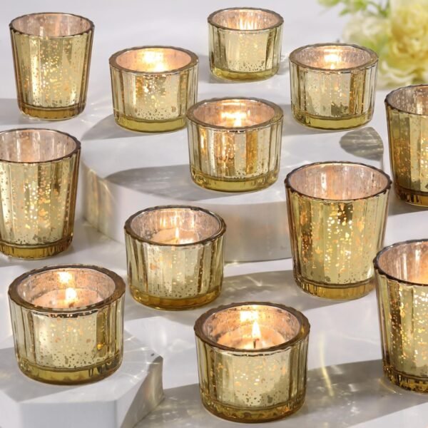 8pcs Assorted Ribbed Gold Votive Candle Holders for Wedding Centerpiece, Mercury Tea Light Candle Holders, Gold Glass Candle Holder for Table Centerpiece, Wedding, Home and Party Decorations - Image 2