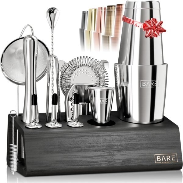 BARE BARREL® Mixology Bartender Kit Bar Set | 14-Piece Cocktail Shaker Set | Martini Barware Mixing Tools for Home Bartending | Incl. 35 Recipe Cards | Gift Set (28oz Boston Shaker, Silver/Black) - Image 2