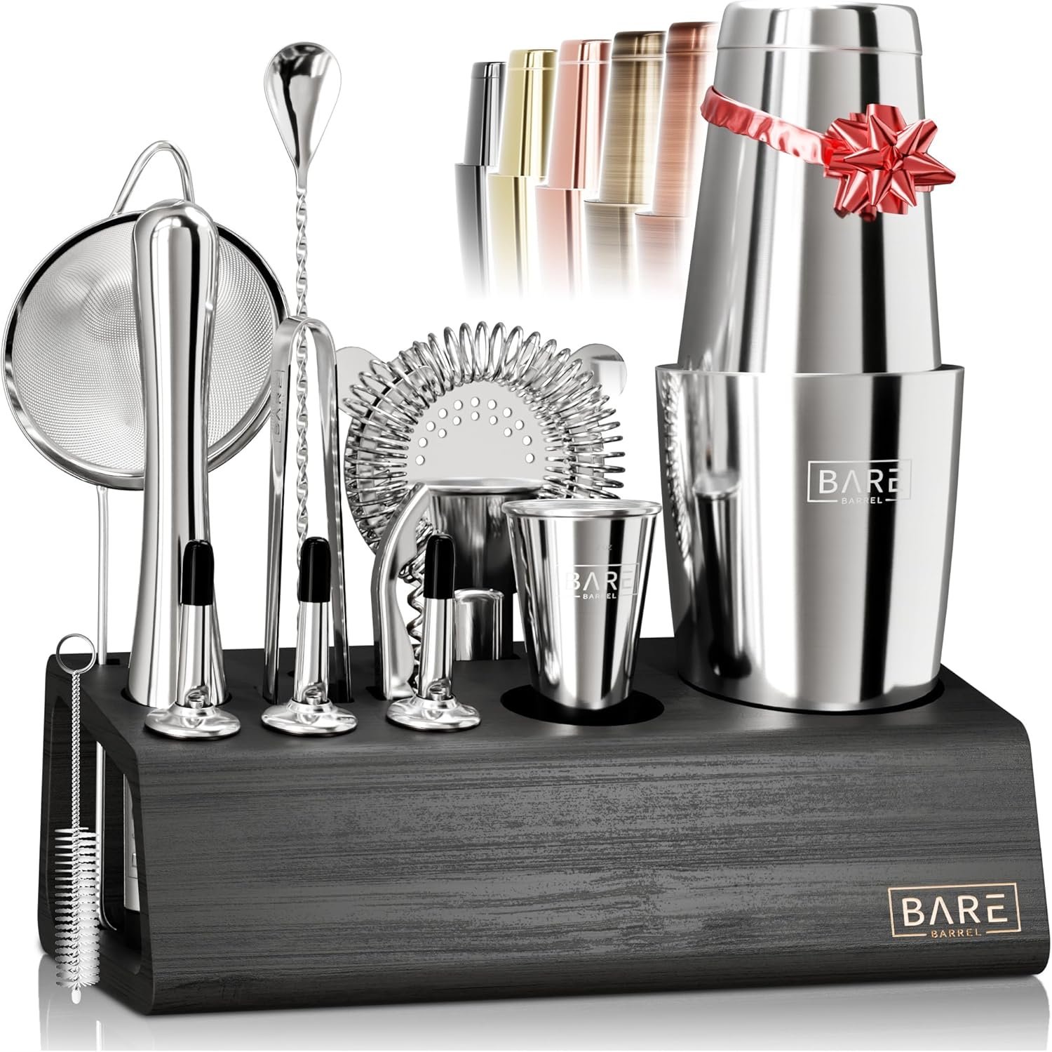 BARE BARREL® Mixology Bartender Kit Bar Set | 14-Piece Cocktail Shaker Set | Martini Barware Mixing Tools for Home Bartending | Incl. 35 Recipe Cards | Gift Set (28oz Boston Shaker, Silver/Black) - Image 2