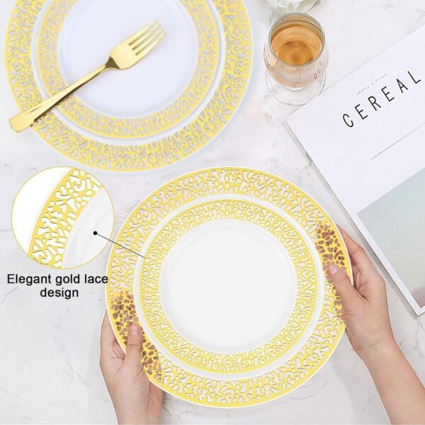 BAYZZ 175 Piece Gold Dinnerware Set,25 Guest Gold Lace Design Plastic Plates,25 Gold Plastic Silverware,25 Gold Cups,25 Gold Napkins,25 Guest Disposable Gold Dinnerware Set - Image 7