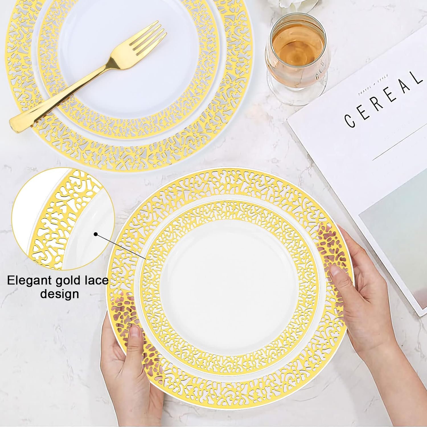 BAYZZ 175 Piece Gold Dinnerware Set,25 Guest Gold Lace Design Plastic Plates,25 Gold Plastic Silverware,25 Gold Cups,25 Gold Napkins,25 Guest Disposable Gold Dinnerware Set - Image 7