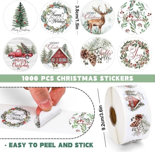 Whaline 1000Pcs Christmas Stickers 1.5Inch Assorted Plants Round Stickers in Roll Rustic Christmas Tree Wreath Elk Truck Patterns Label Stickers for Xmas Seals Cards Presents Envelopes, 8 Designs - Image 3