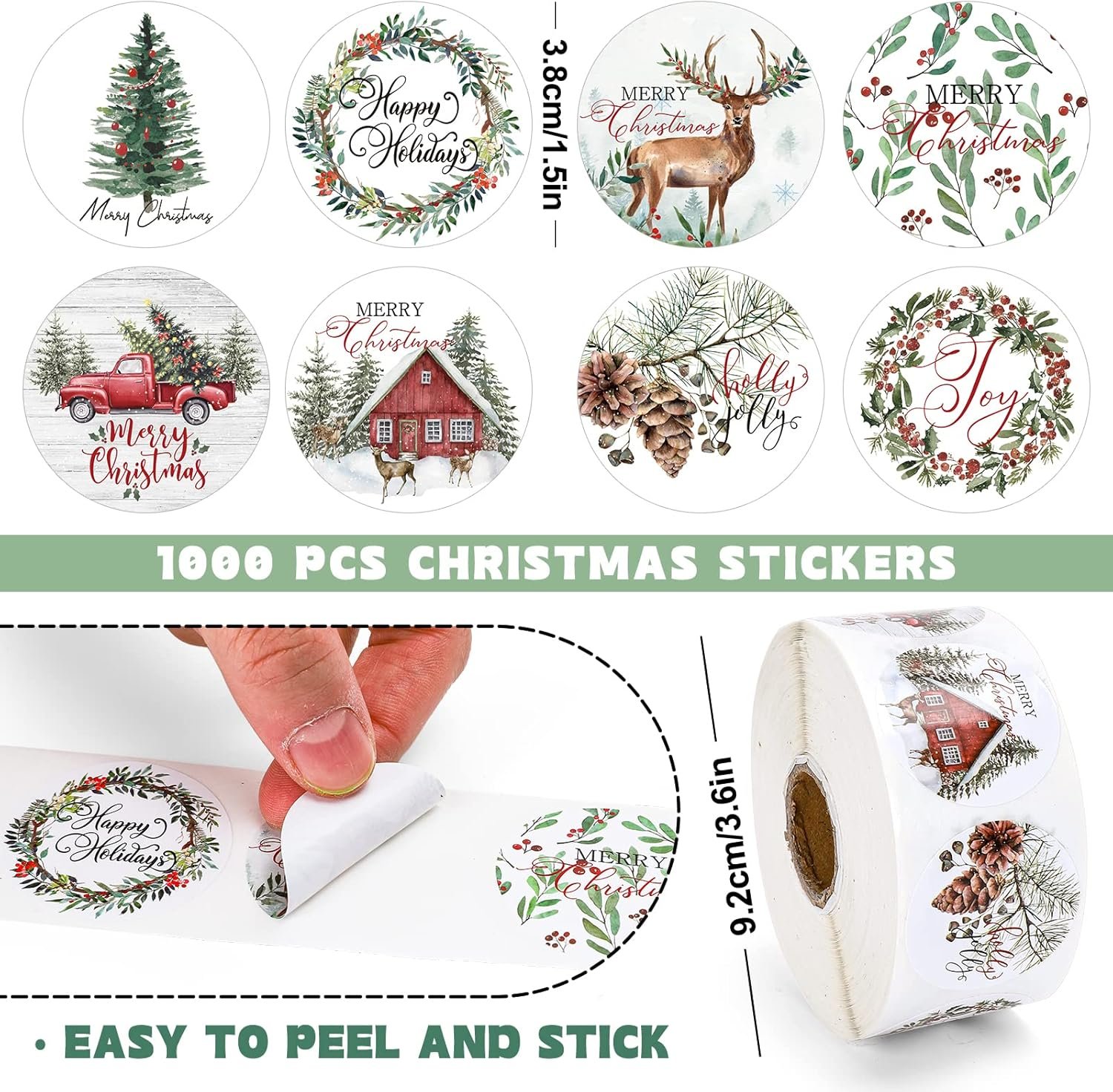Whaline 1000Pcs Christmas Stickers 1.5Inch Assorted Plants Round Stickers in Roll Rustic Christmas Tree Wreath Elk Truck Patterns Label Stickers for Xmas Seals Cards Presents Envelopes, 8 Designs - Image 3