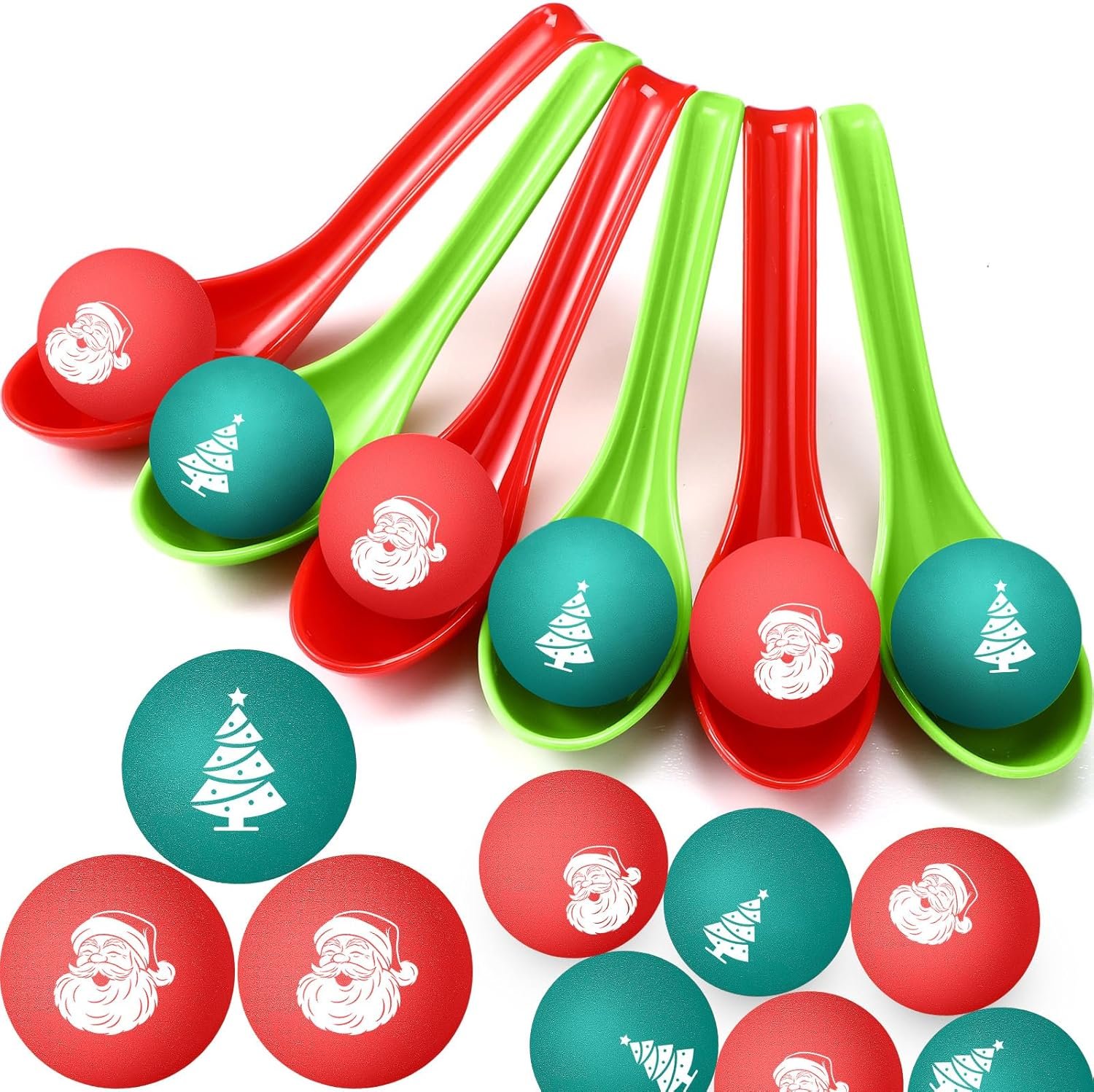 48 Pack Christmas Game Spoon Relay Race Toy Set Christmas Tree Santa Snowman Reindeer Ball and Spoon Race Game for Indoor Outdoor Decoration Christmas Party Holiday Favor(Tree, Santa) - Image 2