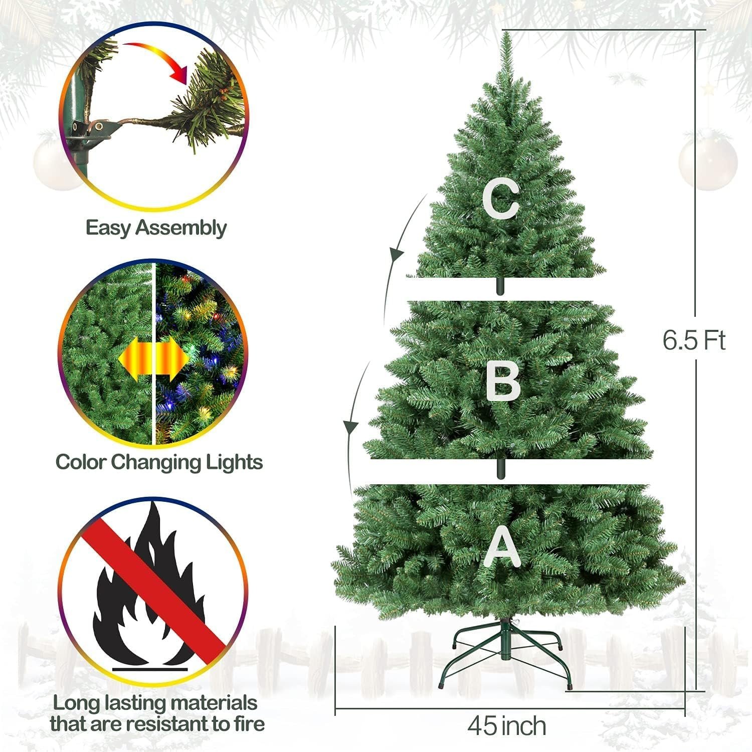 Hykolity 6.5 ft Prelit Christmas Tree, Holiday Decoration w/ 350 Color Changing LED Lights, 1100 Branch Tips, Metal Stand and Hinged Branches, 10 Color Modes - Image 9
