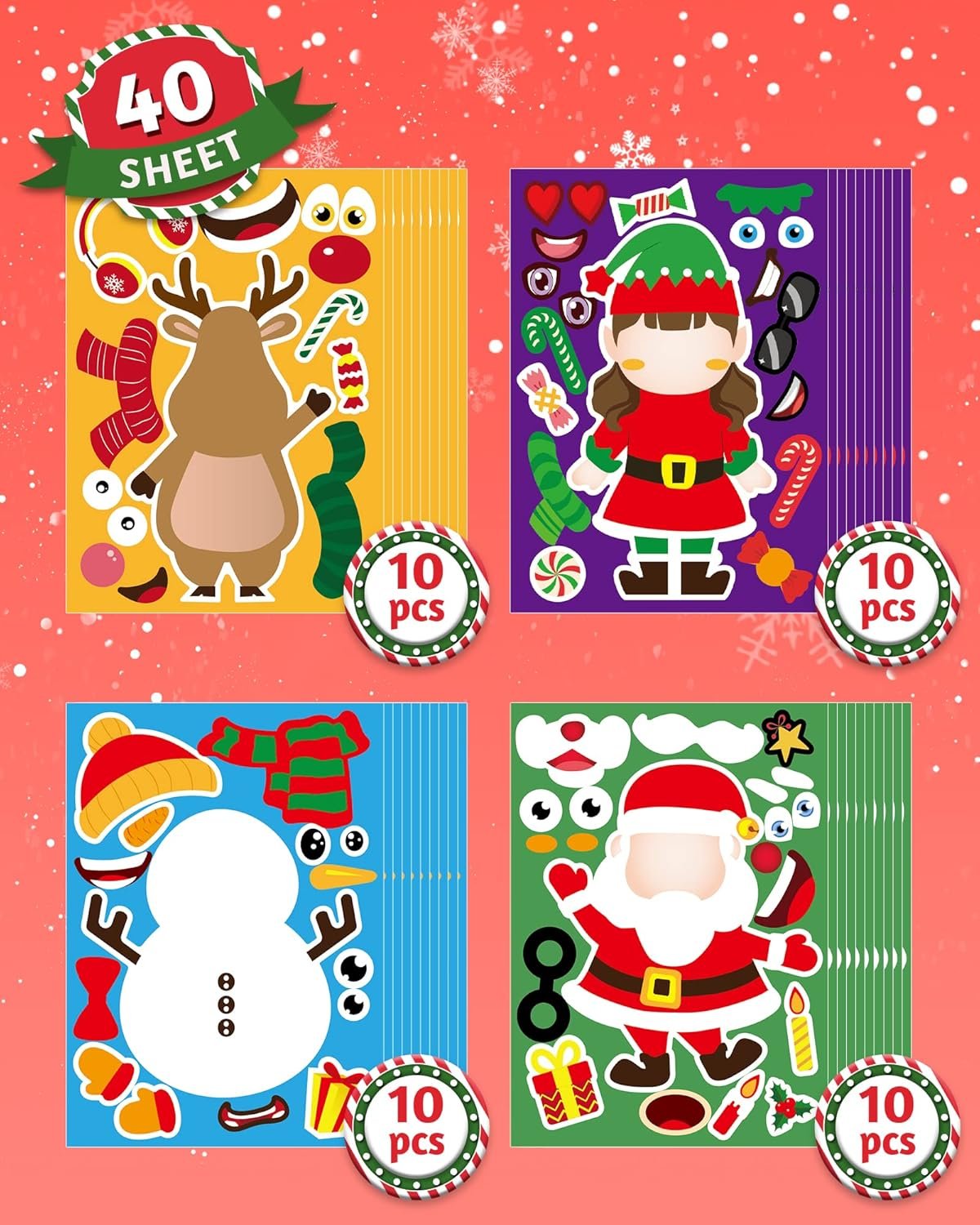 40 Sheets Christmas Stickers for Kids, Craft DIY Christmas Santa Snowman Reindeer Elf Face Stickers, Make Your Own Christmas Stickers for Kids Boys Girls Holiday Christmas Party Favors Games Stickers - Image 5