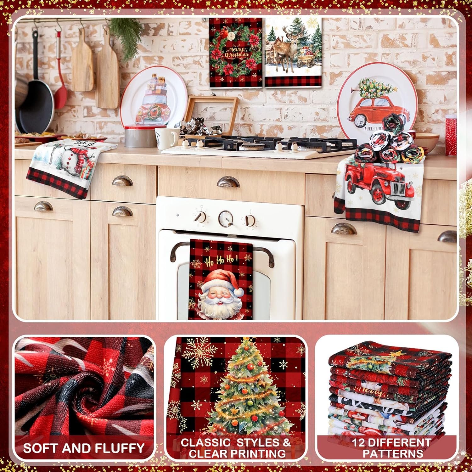 12 Pcs Christmas Kitchen Towels and Dishcloths Absorbent Christmas Tree Reindeer Truck Hand Towels Christmas Dish Towels Decoration for Xmas Home Gift, 14.2 x 21.3 Inch (Fresh Style) - Image 4
