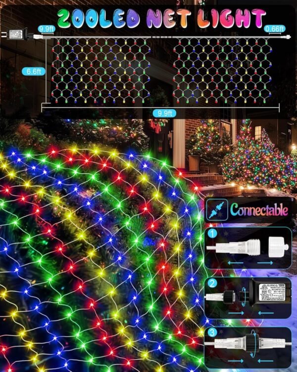 Christmas Net Lights 9.8ft x 6.6ft, 200 LED Outdoor Mesh Lights with 8 Modes, Waterproof Bush String Lights for Home Garden Yard Xmas Decorations Connecable, Timer (Multicolor) - Image 4