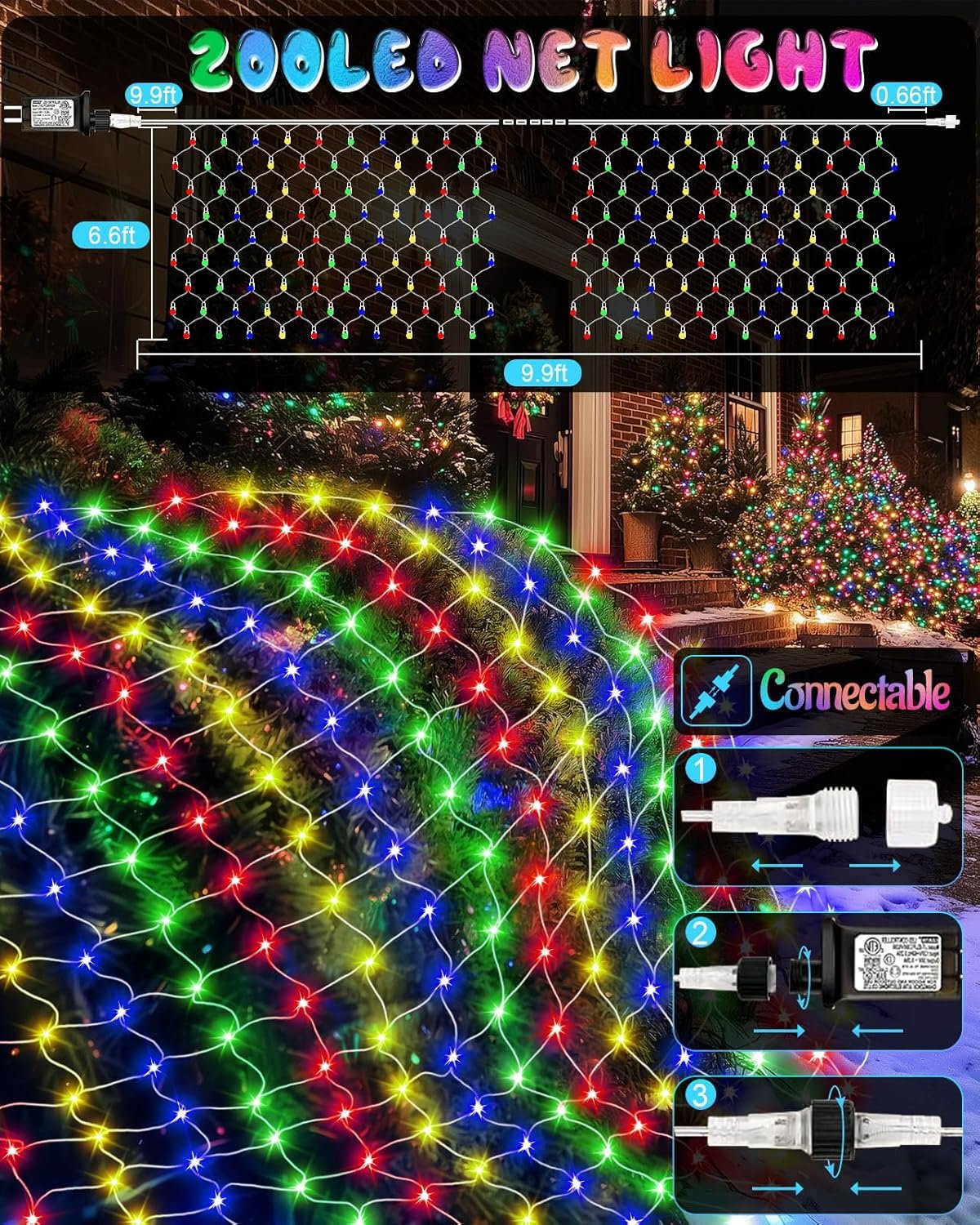 Christmas Net Lights 9.8ft x 6.6ft, 200 LED Outdoor Mesh Lights with 8 Modes, Waterproof Bush String Lights for Home Garden Yard Xmas Decorations Connecable, Timer (Multicolor) - Image 4