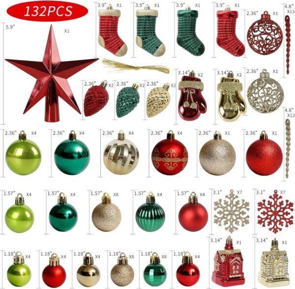 Christmas Tree Ornament, 132pcs Christmas Tree Decoration Set Red Green Gold Christmas Ball Shatterproof Hanging Tree Ornament Assortment Set - Image 3