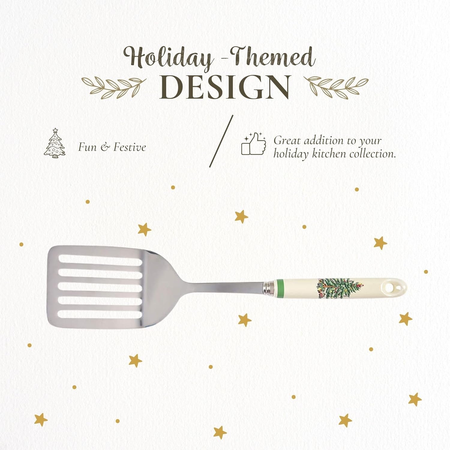 Spode Christmas Tree 13" Stainless Steel Slotted Spatula with Porcelain Handles - Holiday Serving Turner for Christmas Dinners & Holiday Parties - Kitchen Utensil for Holiday & Winter Celebrations - Image 4