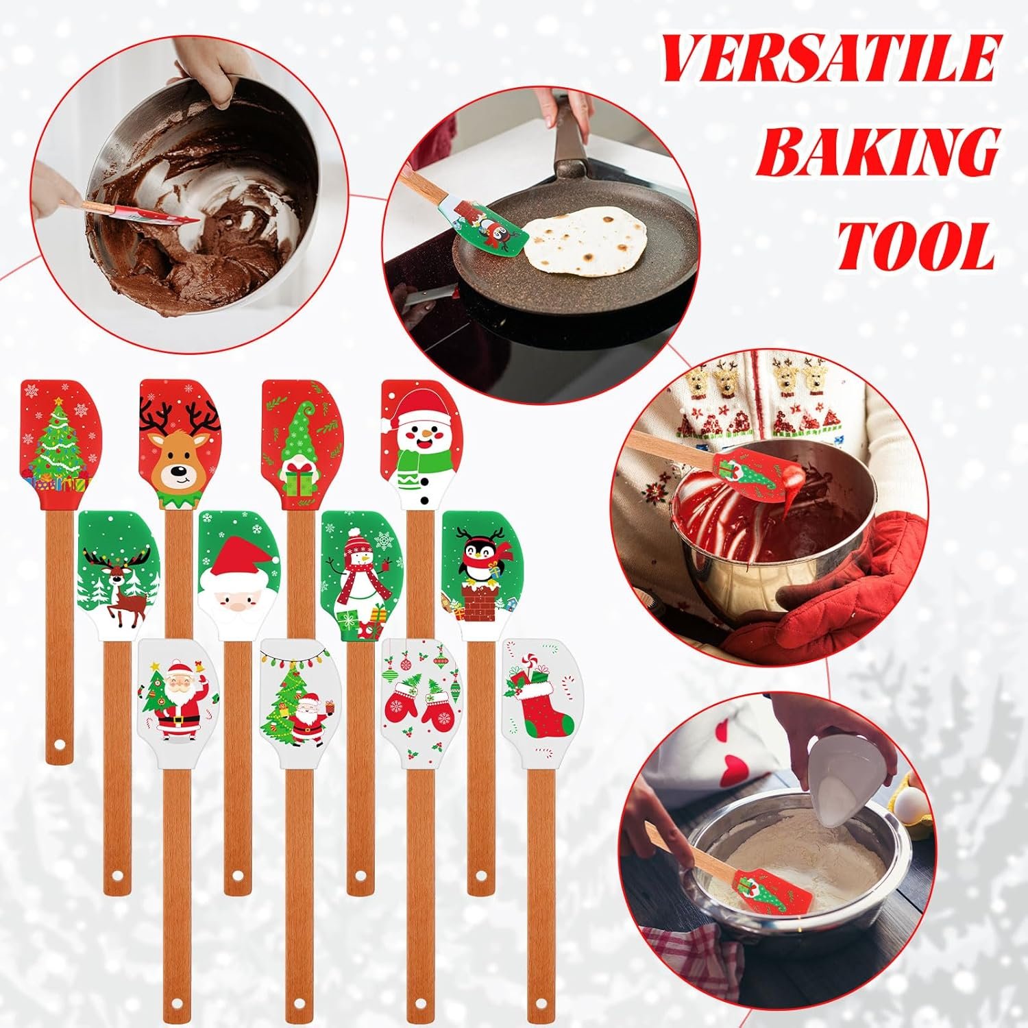 24 Set Christmas Silicone Spatula with Greeting Card Christmas Cake Spatula Xmas Baking Cooking Gift Heat Resistant Scraper with Wood Handle Santa Claus Reindeer Snowman Gingerbread Spatula - Image 6