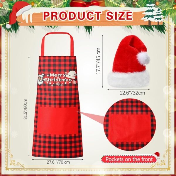 12 Pcs Christmas Aprons and Hats Sets Christmas Aprons with Pockets Adjustable Baking Aprons Include 6 Pcs Different Plaid Aprons and 6 Pcs Santa Hats for Women Men Waterproof Bib Aprons - Image 3