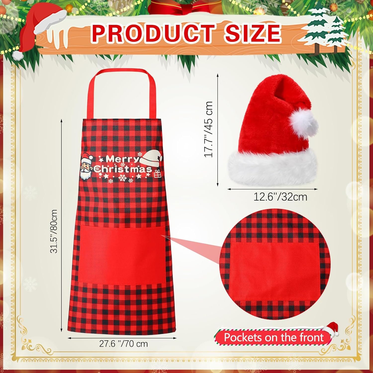 12 Pcs Christmas Aprons and Hats Sets Christmas Aprons with Pockets Adjustable Baking Aprons Include 6 Pcs Different Plaid Aprons and 6 Pcs Santa Hats for Women Men Waterproof Bib Aprons - Image 3