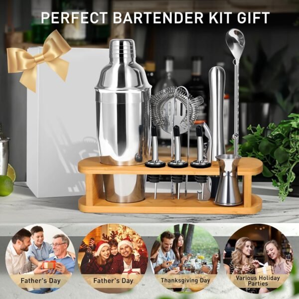 Cocktail Shaker Set Mixology Bartender Kit with Stand, 17 Piece Bar Tool Set: Martini Shaker, Jigger, Strainer, Mixer Spoon, Muddler, Liquor Pourers for Drink Mixing Bartending Kit(Silver) - Image 8