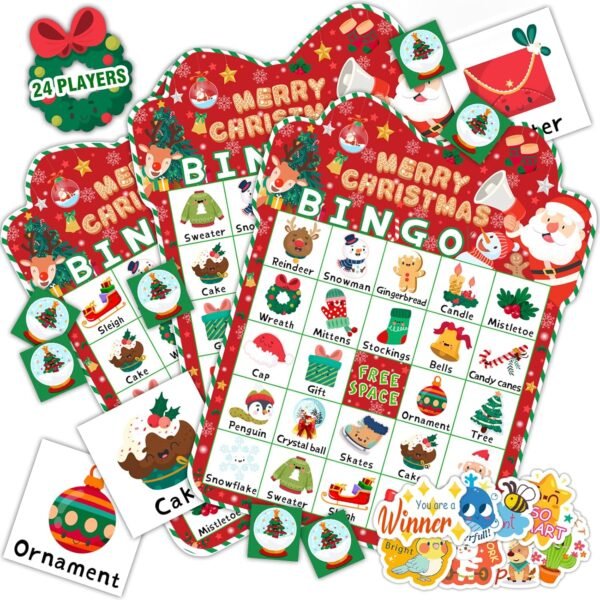 39Pcs Christmas Bingo Game for Kids Adults 24 Players Bingo Cards Christmas Games with Reward Stickers Xmas Activities Family Party Game - Image 2