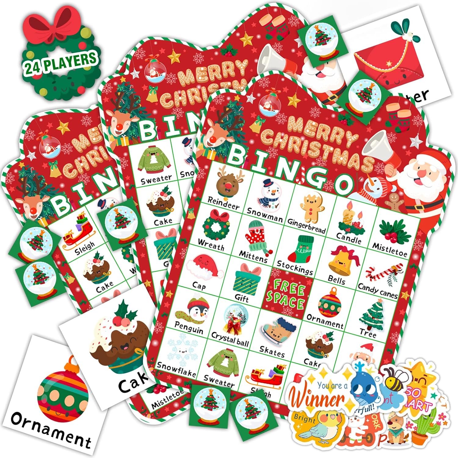 39Pcs Christmas Bingo Game for Kids Adults 24 Players Bingo Cards Christmas Games with Reward Stickers Xmas Activities Family Party Game - Image 2