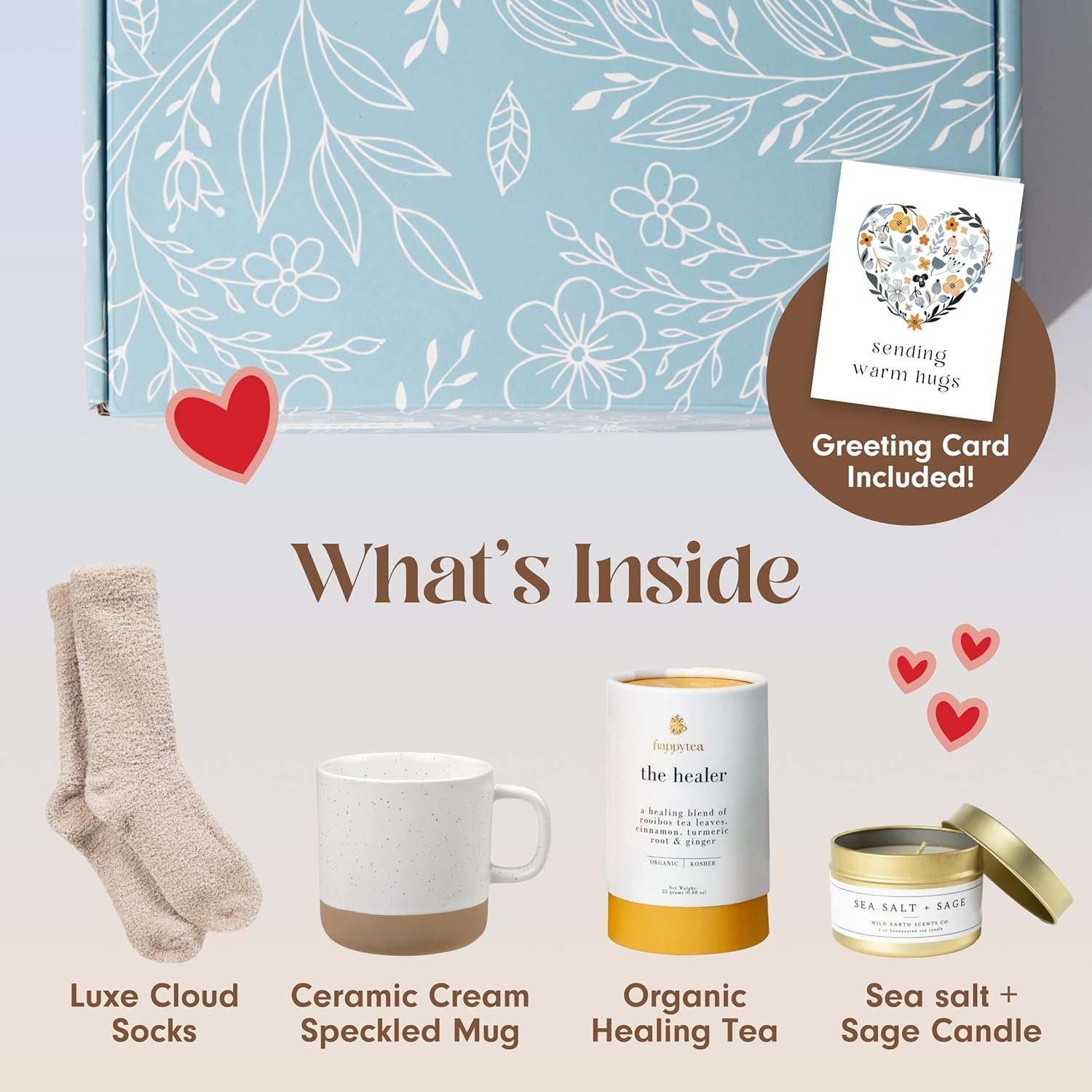 Unboxme Get Well Gift Box - USDA Organic Get Well Soon Self Care Package for Women | Fluffy Socks, Mug, Lemon & Ginger Tea Set, Sea Salt, Sage Scented Candle, Sending Hugs Card | Feel Better Basket - Image 4