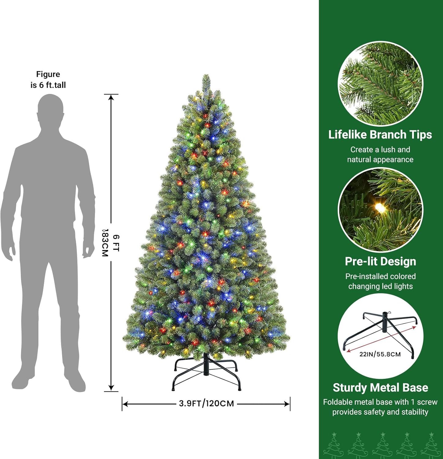 SHareconn 6ft Prelit Premium Artificial Hinged Christmas Tree with Remote Control,Timer, and 330 Warm White & Color LED Changing Lights, 952 Branch Tips, Perfect Choice for Xmas Decoration, 6 FT - Image 3
