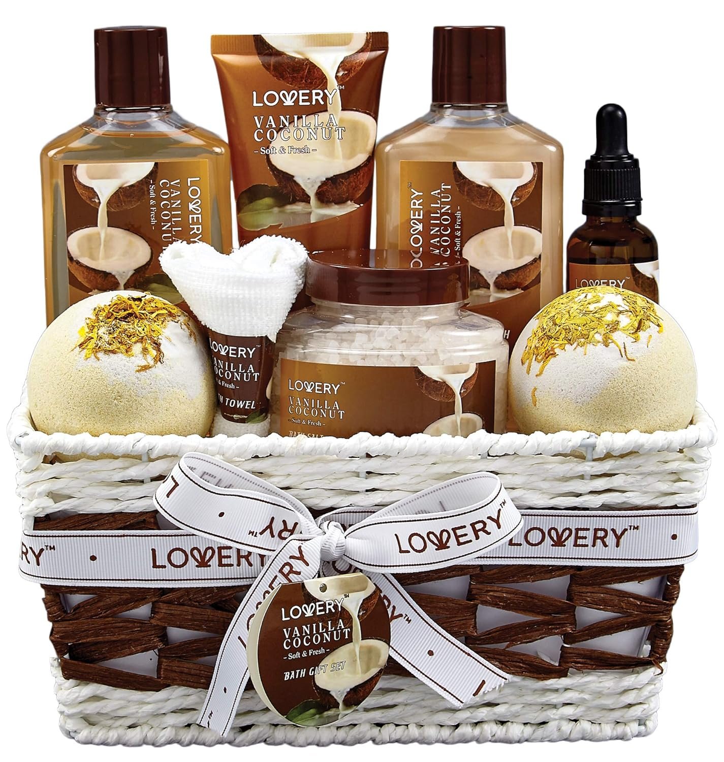 Bath and Body Gift Basket For Women and Men – 9 Piece Set of Vanilla Coconut Home Spa Set, Includes Fragrant Lotions, Extra Large Bath Bombs, Coconut Oil, Luxurious Bath Towel & More - Image 2
