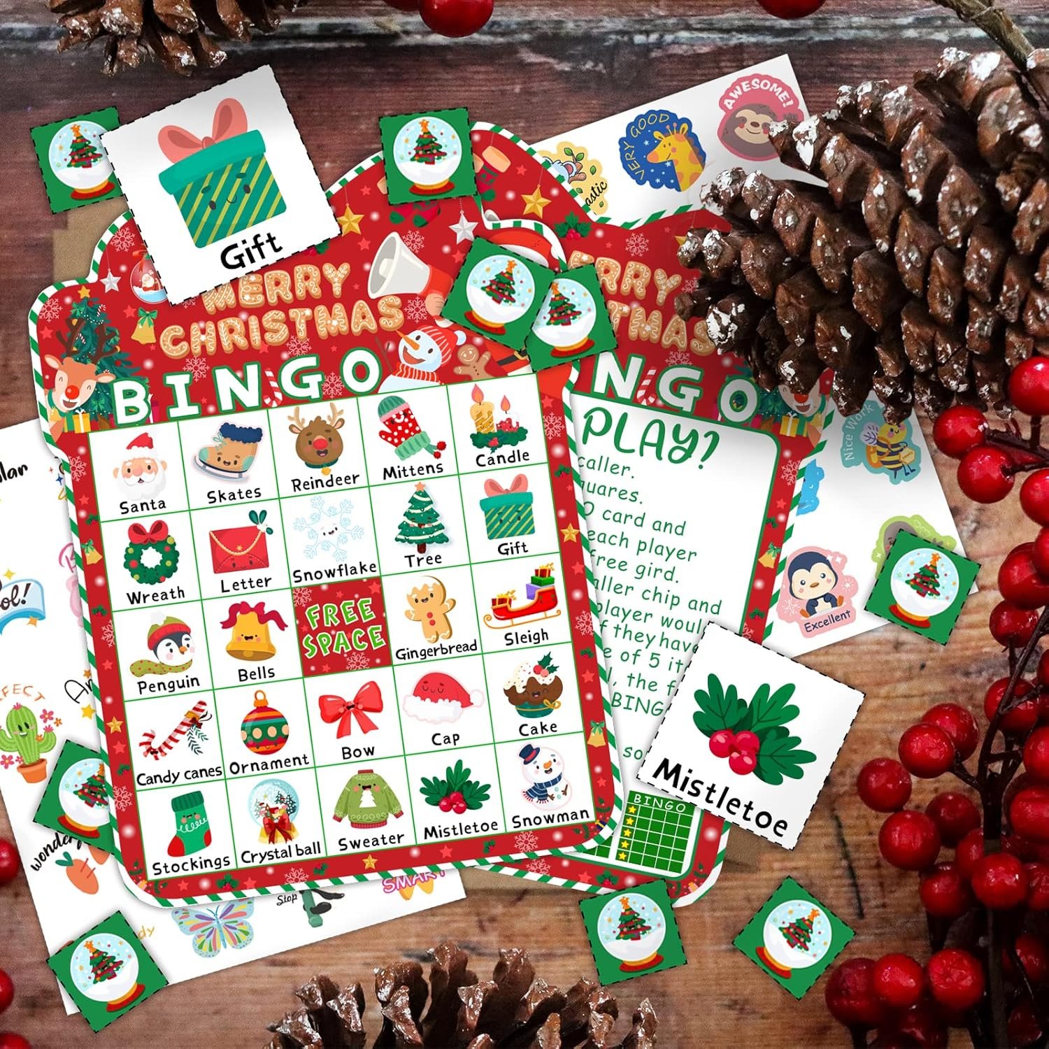 39Pcs Christmas Bingo Game for Kids Adults 24 Players Bingo Cards Christmas Games with Reward Stickers Xmas Activities Family Party Game - Image 7