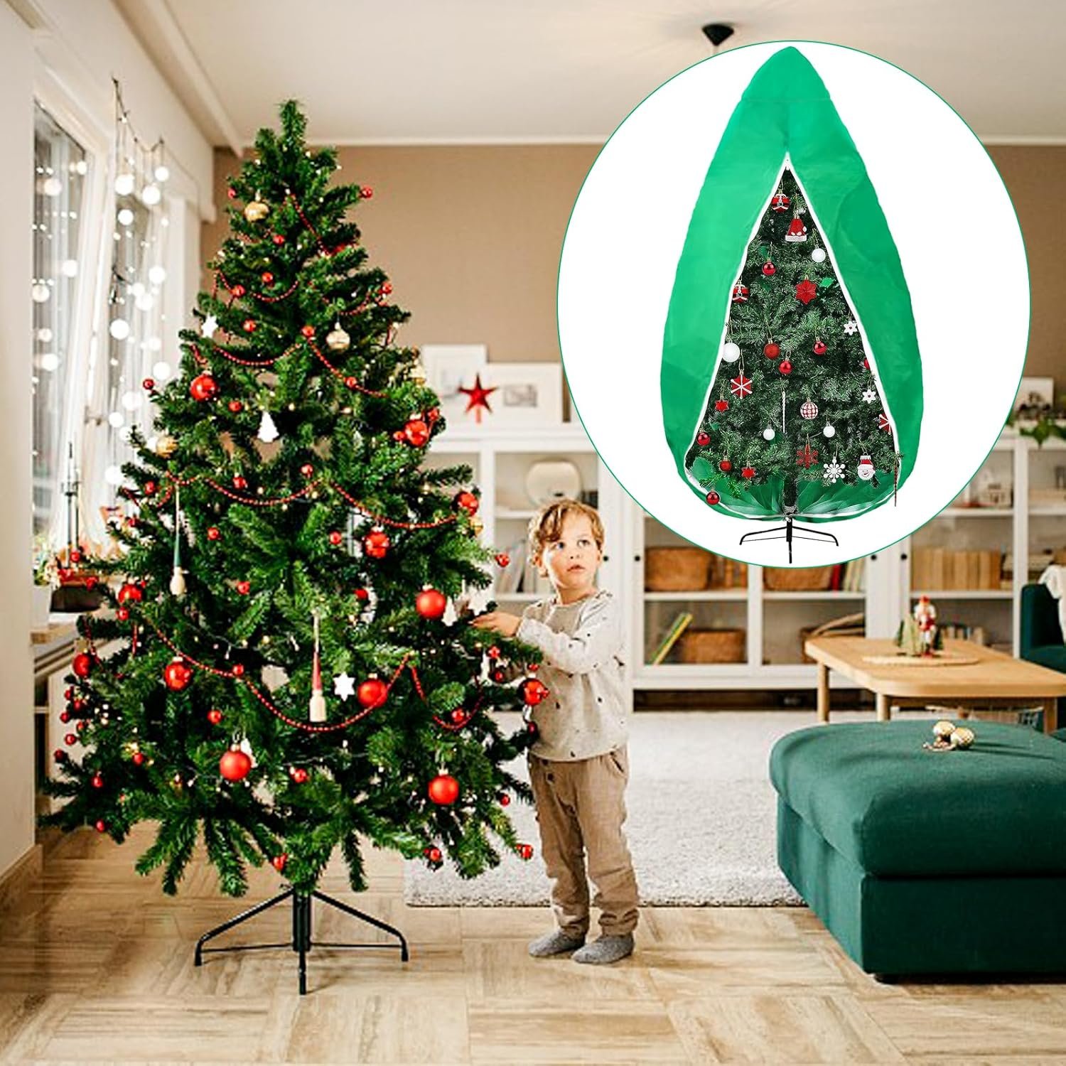 Upright Christmas Tree Storage Bag, Christmas Tree Cover for Up to 9FT x 6FT Standing Artificial Xmas Tree with Ornaments, Large Holiday Assembled Christmas Tree Bag with Zipper and Drawstring(Green) - Image 6