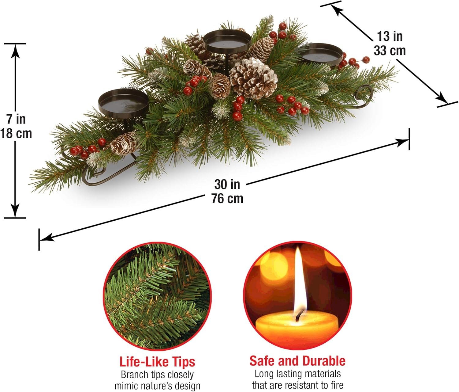 National Tree Company Artificial Christmas Centerpiece | Includes 3 Candle Holders, Red Berries, Pine Cones and Steal Base | Frosted Berry - 30 Inch - Image 4
