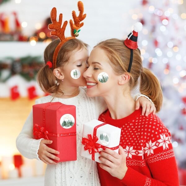 Whaline 1000Pcs Merry Christmas Stickers Roll Watercolor Forest Decals Green Xmas Tree Adhesive Decorative Round Seal Stickers for Gift Greeting Card Party Supplies - Image 7