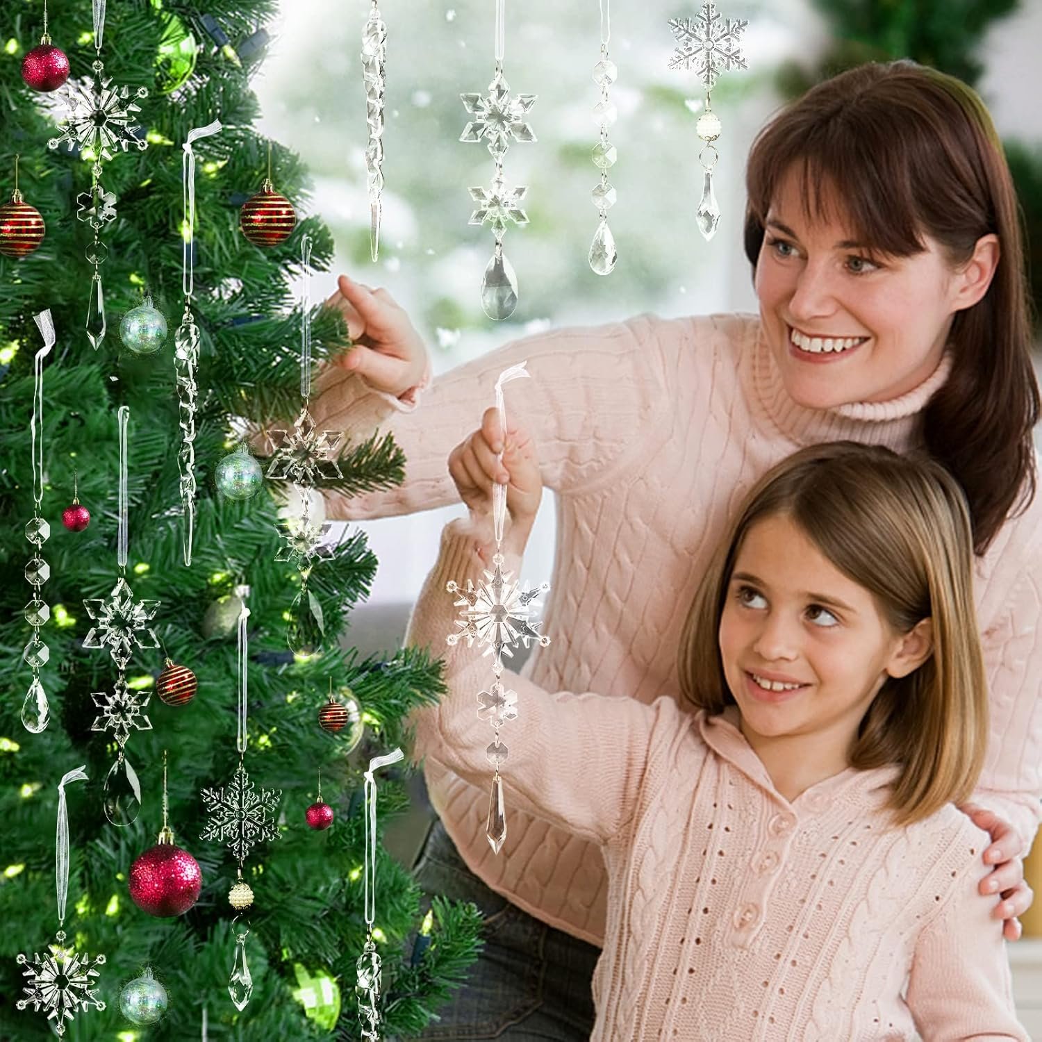 18pcs Christmas Tree Decoration Crystal Ornaments - Hanging Acrylic Christmas Snowflake Icicle Drop Crystal Ornaments for Christmas Tree Winter New Year Party Supplies - Image 3