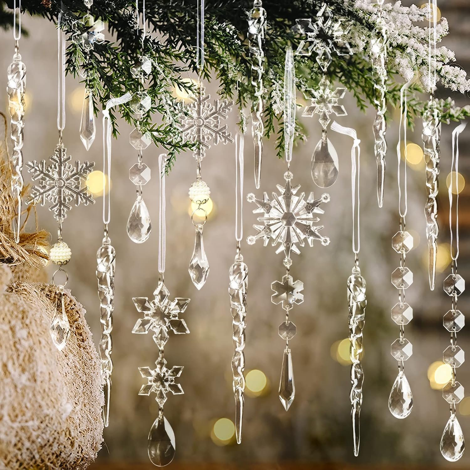 18pcs Christmas Tree Decoration Crystal Ornaments - Hanging Acrylic Christmas Snowflake Icicle Drop Crystal Ornaments for Christmas Tree Winter New Year Party Supplies - Image 2