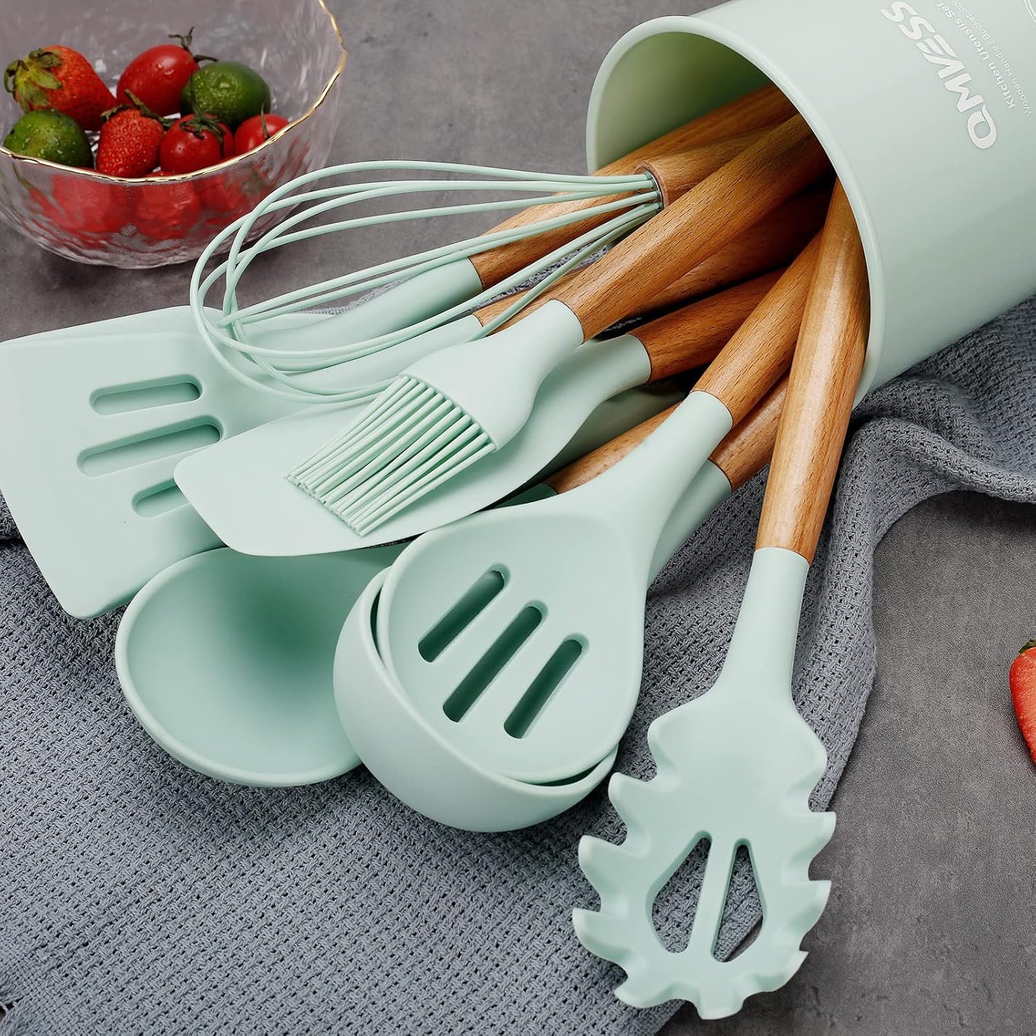 QMVESS Silicone Kitchen Utensils Set, 35 Pcs Non-Stick Cooking Utensils Set, Sturdy Insulation Wooden Handle Kitchen Accessories for Cooking with Spatula Set and Spoons Set Gadgets (Light Green) - Image 9