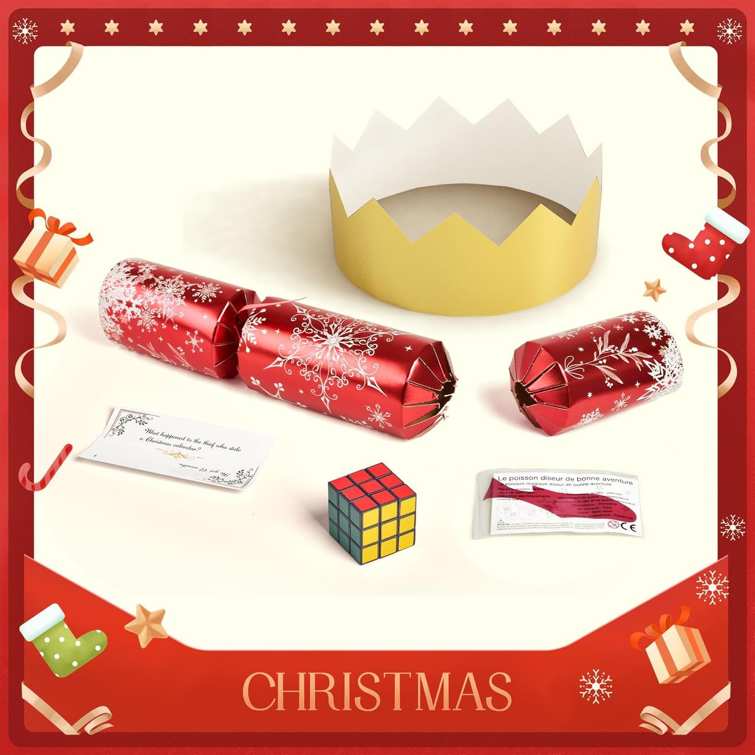Christmas Crackers, 12 Pack Valentines No Snap Party Favors with Party Hat, Joke & Little Gift Inside for Christmas Thanksgiving Seasonal Holiday Dinner Traditions (Red and Green) - Image 4