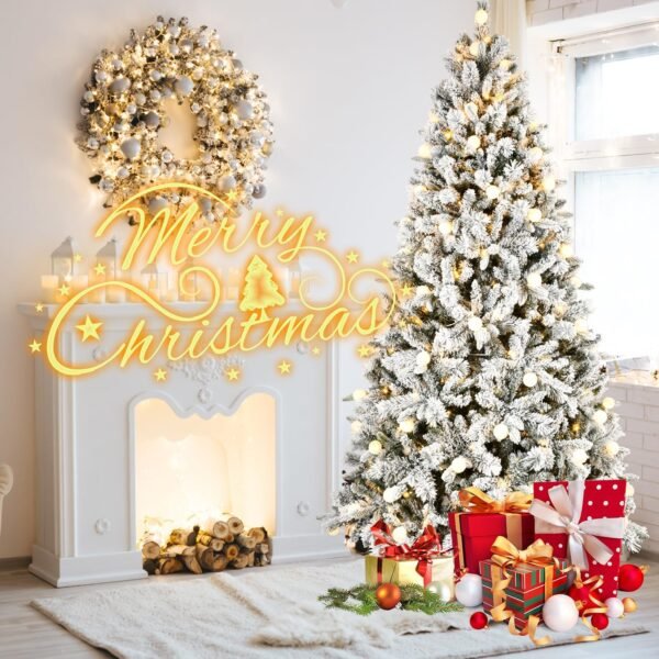 8FT Prelit Flocked Christmas Tree with 470 Two Color LED Lights and 45 Colorful Bauble Lights, 10 Flashing Modes, Pre Lit Artificial Christmas Tree with Snow and Memory Wire Technology for Holiday - Image 3
