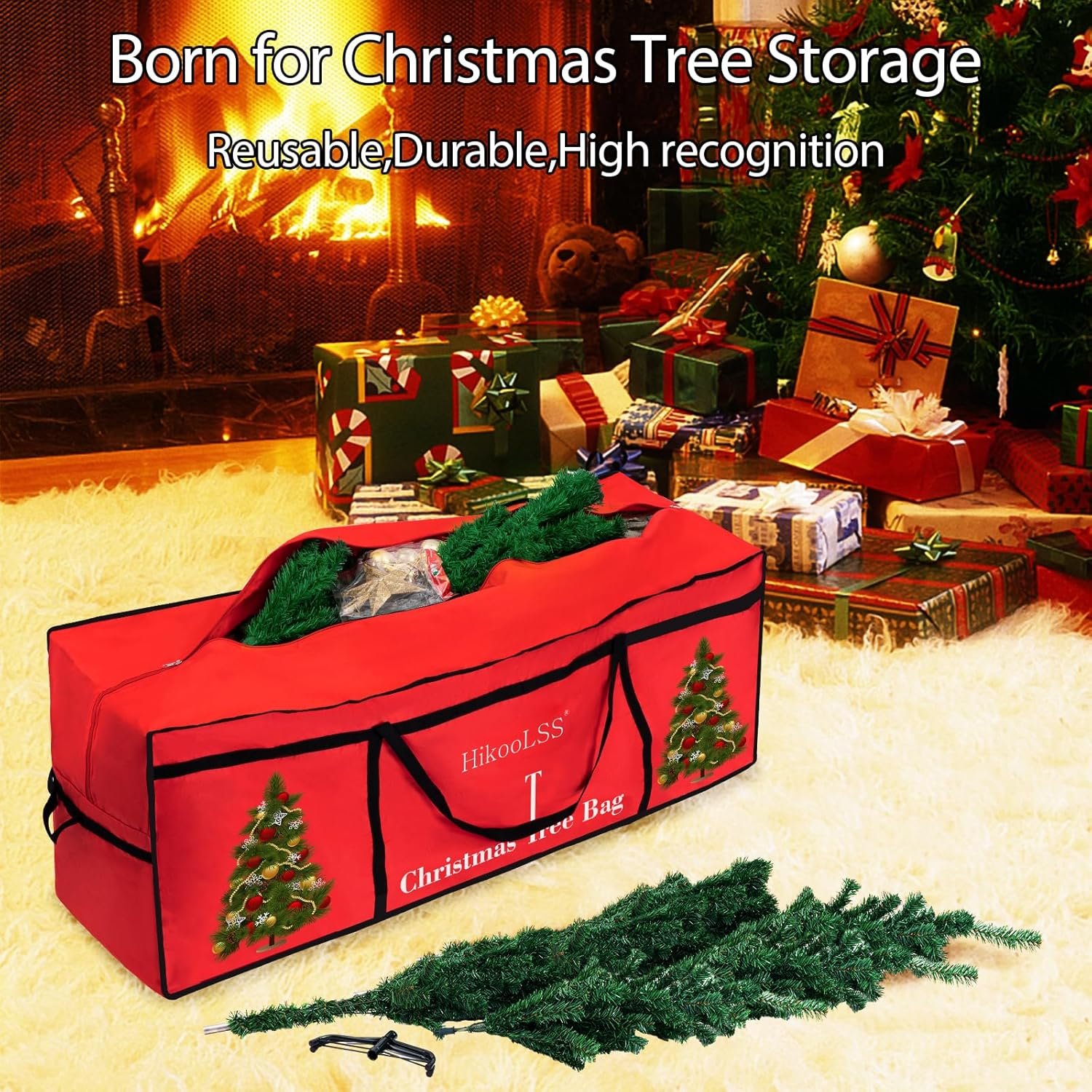 Christmas Tree Bags Storage 7.5 Ft Christmas Tree Storage Bag,Reusable Heavy Duty 600D Oxford Santa Tree Box/Container/Holder for Big Artificial Xmas Tree/Holiday Trees Red(60X18X25in) - Image 3