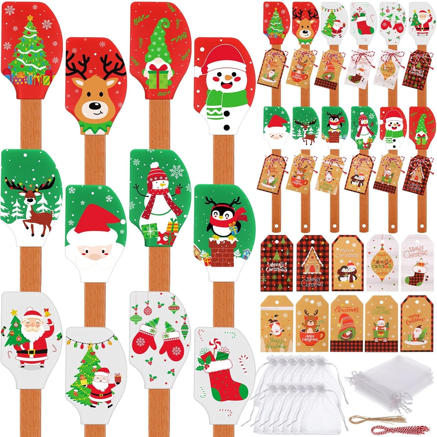 24 Set Christmas Silicone Spatula with Greeting Card Christmas Cake Spatula Xmas Baking Cooking Gift Heat Resistant Scraper with Wood Handle Santa Claus Reindeer Snowman Gingerbread Spatula - Image 2