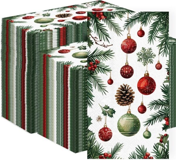 3-Ply Christmas Paper Napkins Disposable: Guest Dinner Hand Towels, Xmas Table Decorative for Bathroom Home Kitchen, Holiday Cocktail Party Decor, Red White Green (4.3x7.9 Inches, Count, 100) - Image 2