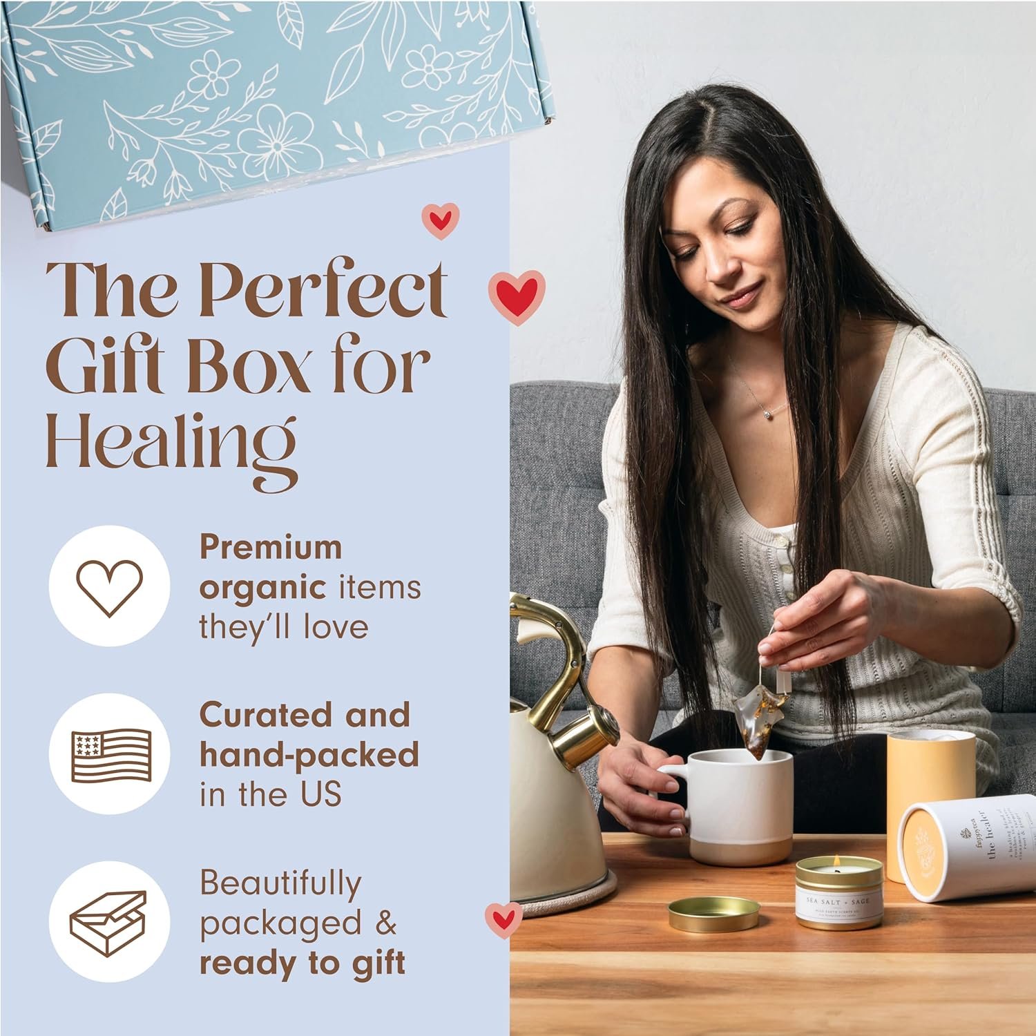 Unboxme Get Well Gift Box - USDA Organic Get Well Soon Self Care Package for Women | Fluffy Socks, Mug, Lemon & Ginger Tea Set, Sea Salt, Sage Scented Candle, Sending Hugs Card | Feel Better Basket - Image 3