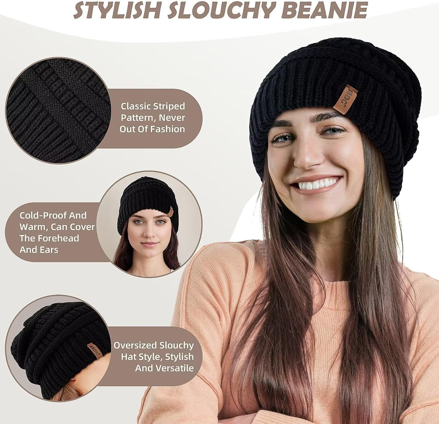 3 Pack Satin Lined Beanie for Women, Warm Slouchy Winter Hats with Silk Lined, Fashionable Oversized Cable Knit Hat Skull Cap - Image 6