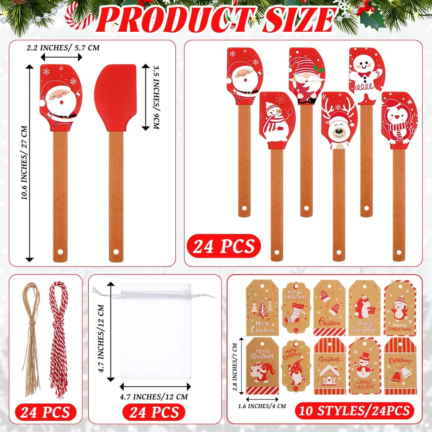 24 Sets Christmas Silicone Spatula Gift Xmas Cake Spatula Xmas Baking Cooking Gifts Heat Resistant Scraper with Twines, White Sheer Bags and Greeting Cards for Kitchen Mixing Cooking Baking - Image 3