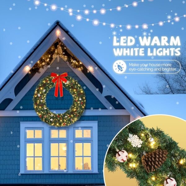 VINGLI 48 Inch Pre-lit Artificial Christmas Wreath, Ourdoor Christmas Wreath Decorations with 150 LED Lights and 450 PVC Branch Tips for Garage, Xmas Door Wreath w/Bow, Pine Cones, Ornaments, Plug-in - Image 6