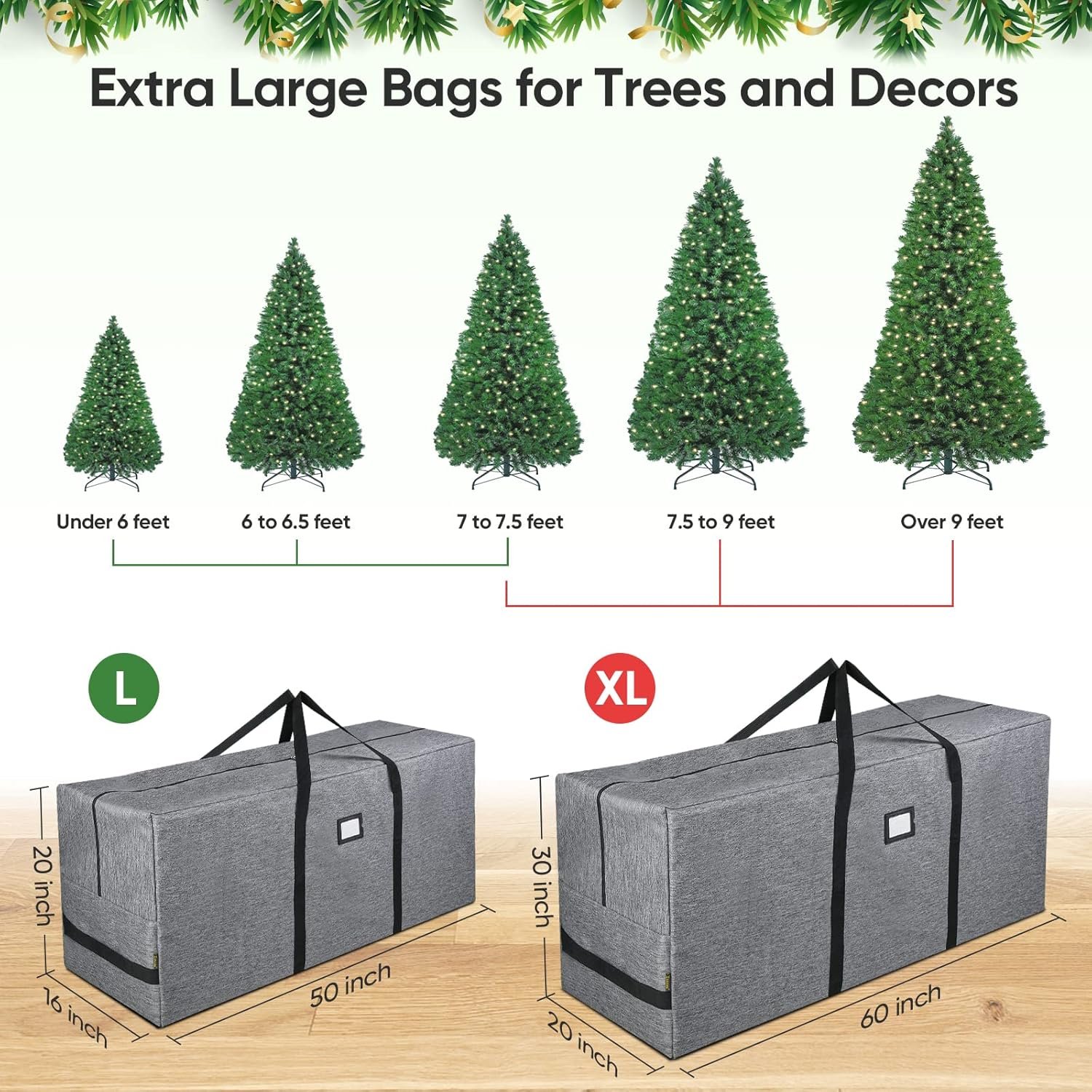 BALEINE 7.5 ft Christmas Tree Storage Bag, Heavy Duty 900D Oxford Fabric with Reinforced Handles and Dual Zippers Wide Opening, Extra Large Storage Container for Trees and Decorations (Grey) - Image 5