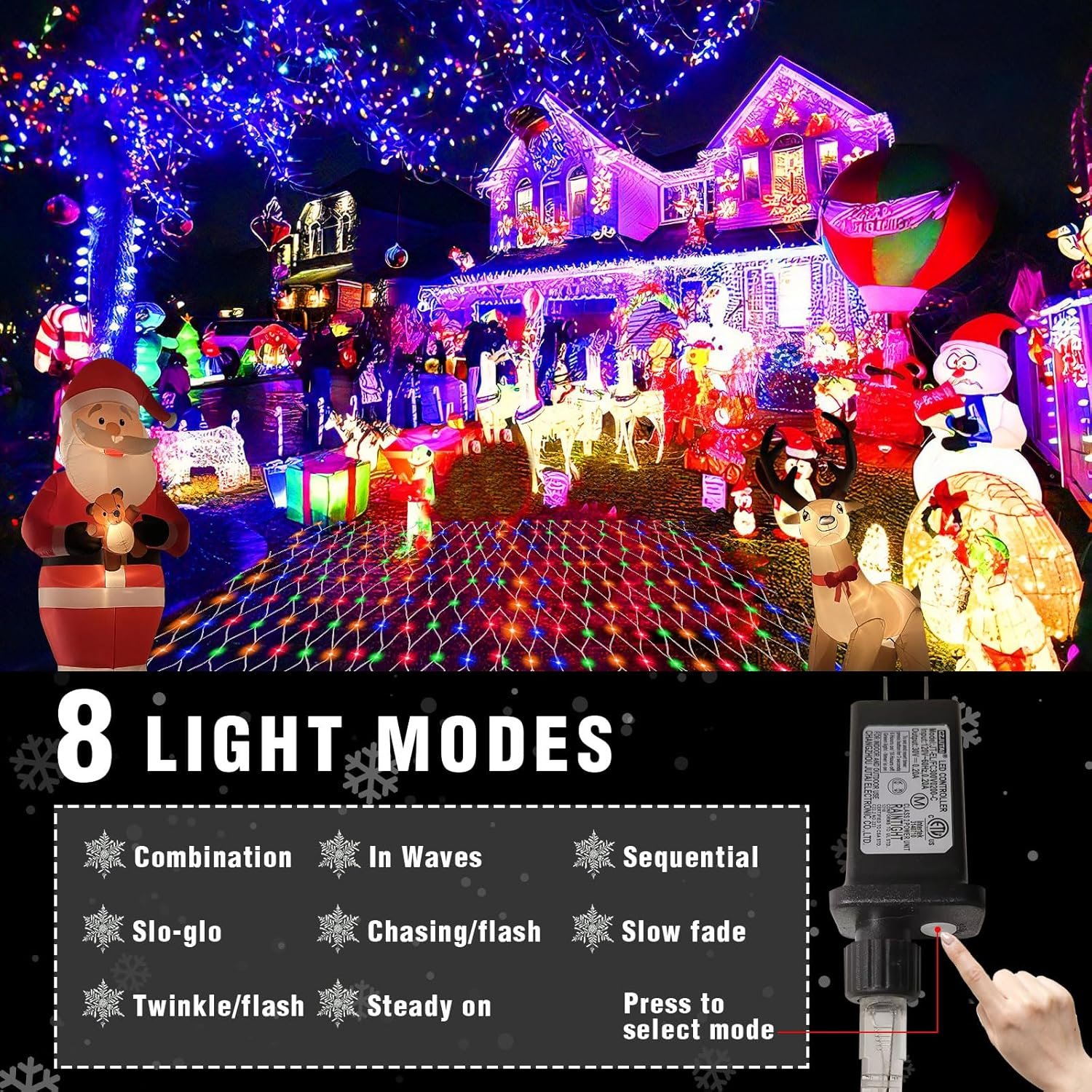 (Upgraded) Outdoor Christmas Lights, 360 LED Sturdy Christmas Net String Lights, 12x5Ft 8 Light Modes Christmas Decoration Lights for Backyards, Gardens, Bushes, Lawns, Patio, New Year - Multicolored - Image 4