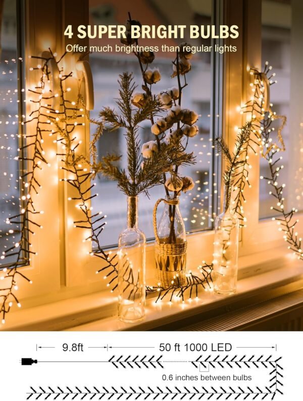 Christmas Tree Lights Outdoor Cluster Lights - 1000 LED 50 Ft Christmas Firecrackers String Lights, 12 Modes Timer Remote Waterproof Plug in Twinkle Fairy Lights for Xmas Tree Garland Window Party - Image 4