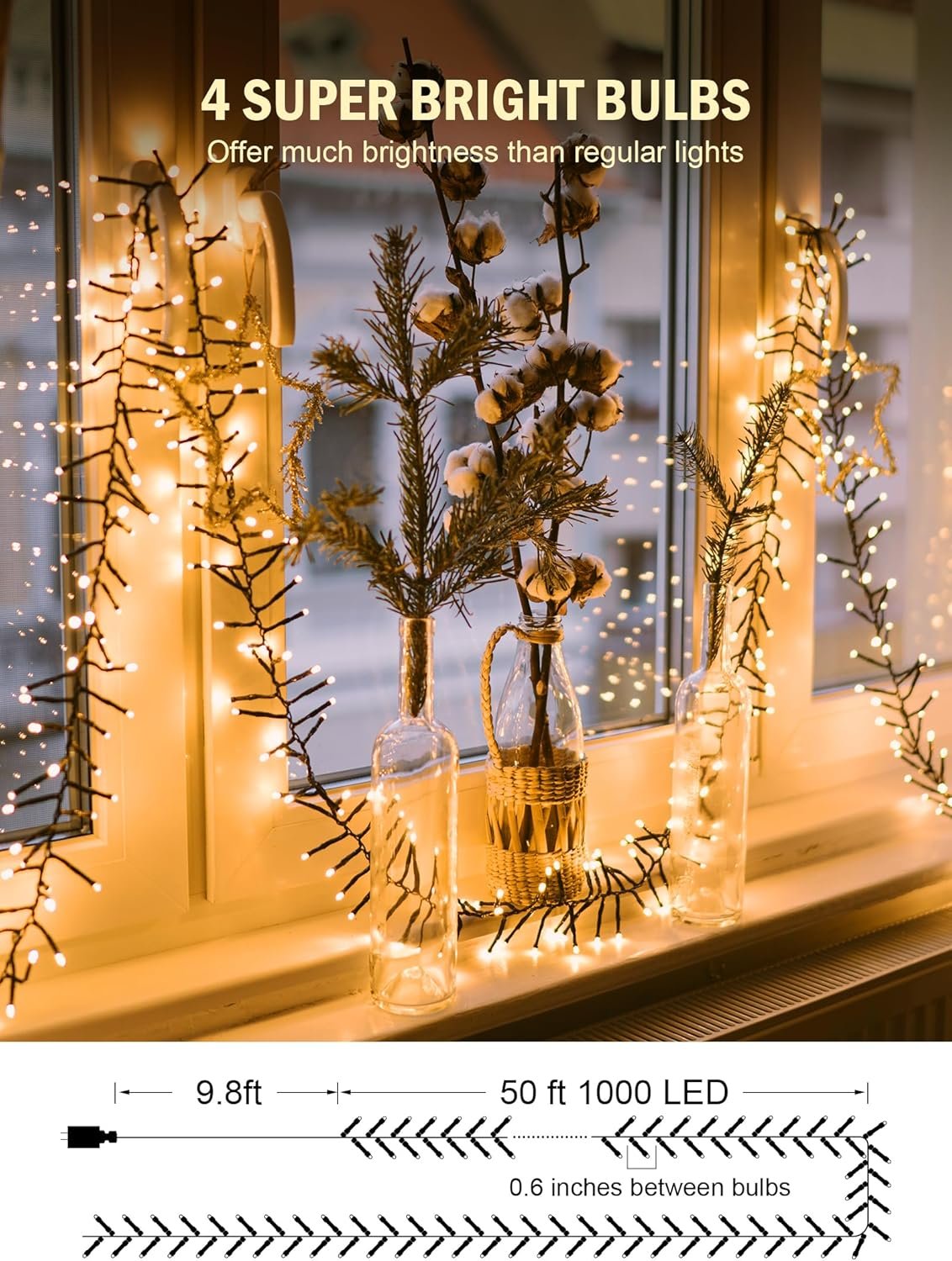 Christmas Tree Lights Outdoor Cluster Lights - 1000 LED 50 Ft Christmas Firecrackers String Lights, 12 Modes Timer Remote Waterproof Plug in Twinkle Fairy Lights for Xmas Tree Garland Window Party - Image 4