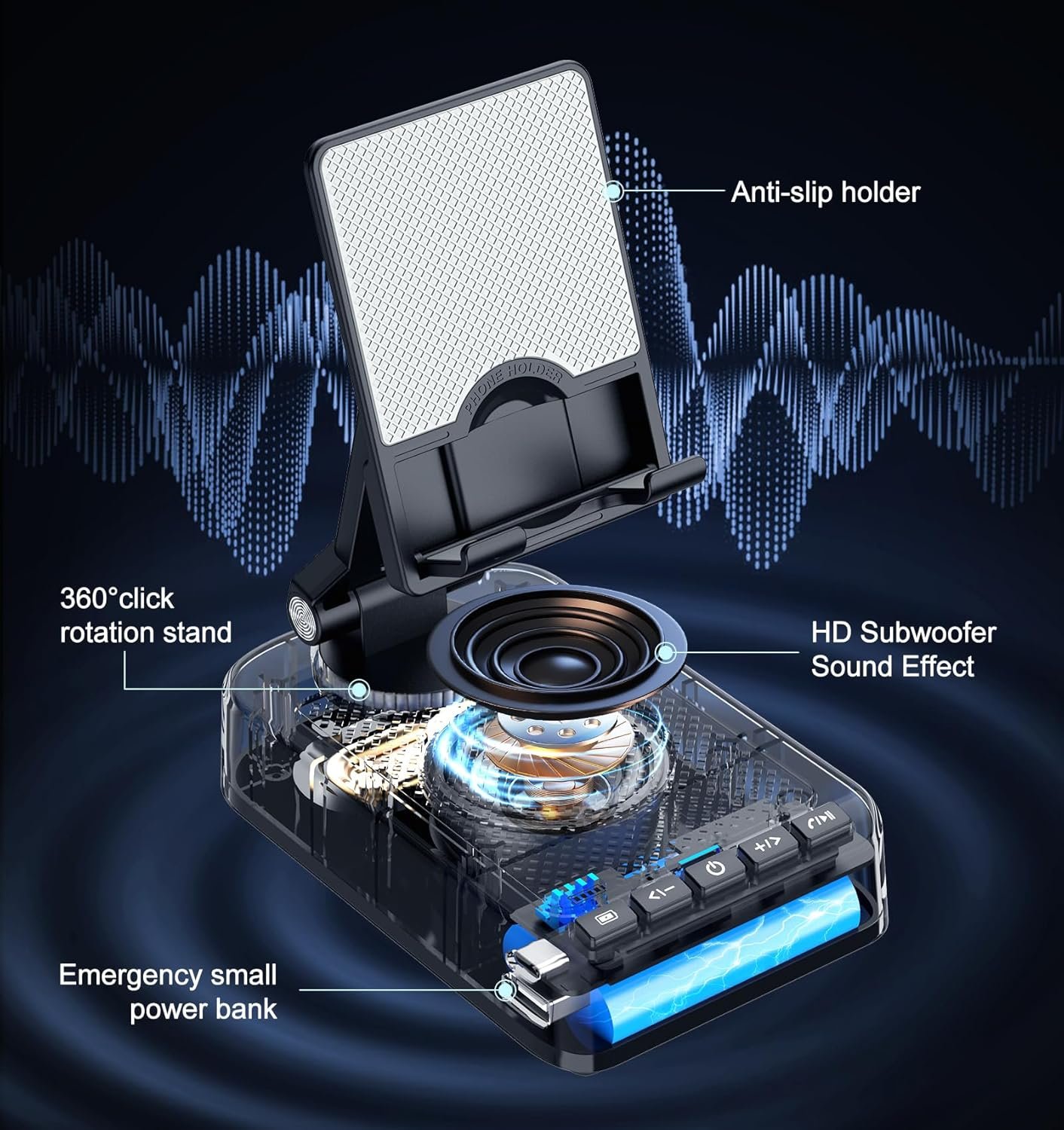 Gifts for Men Women, Joymate Bluetooth Speaker Phone Stand with Charging Function 360° Rotable Adjustable Cell Phone Holder HD Surround Sound for Desk Fits All Phones,Tablet (Black) - Image 4