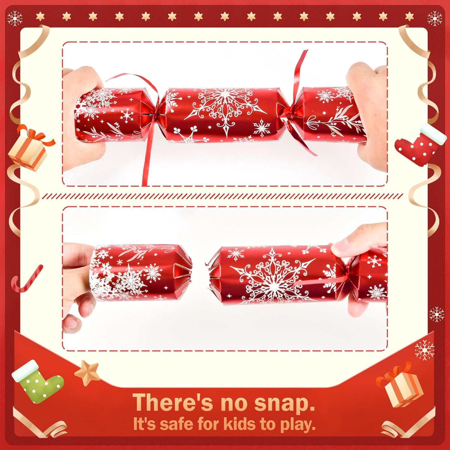 Christmas Crackers, 12 Pack Valentines No Snap Party Favors with Party Hat, Joke & Little Gift Inside for Christmas Thanksgiving Seasonal Holiday Dinner Traditions (Red and Green) - Image 6